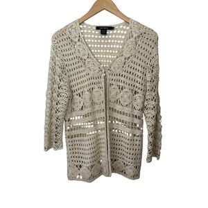 VTG Womens Cottagecore Crochet Cardigan Womens Medium Beige Boho Hippie Top